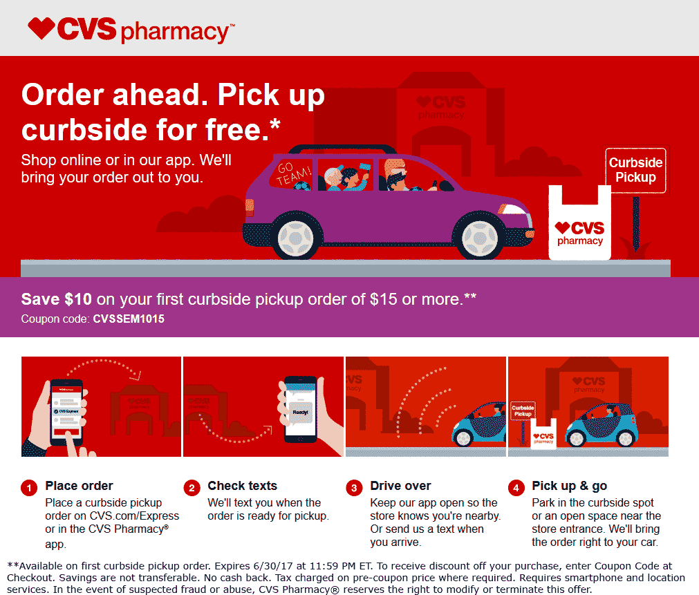 CVS Pharmacy Coupon March 2024 $10 off $15 on curbside pickup at CVS Pharmacy via promo code CVSSEM1015