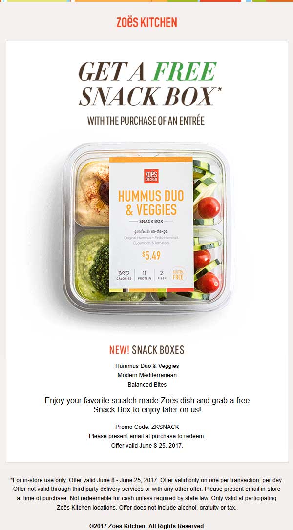 Zoes Kitchen Coupon April 2024 Free snack box with your entree at Zoes Kitchen