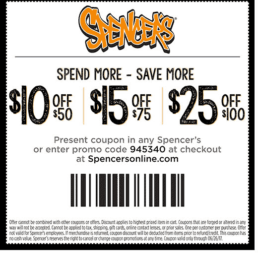 Spencers Coupon April 2024 $10 off $50 & more at Spencers, or online via promo code 945340
