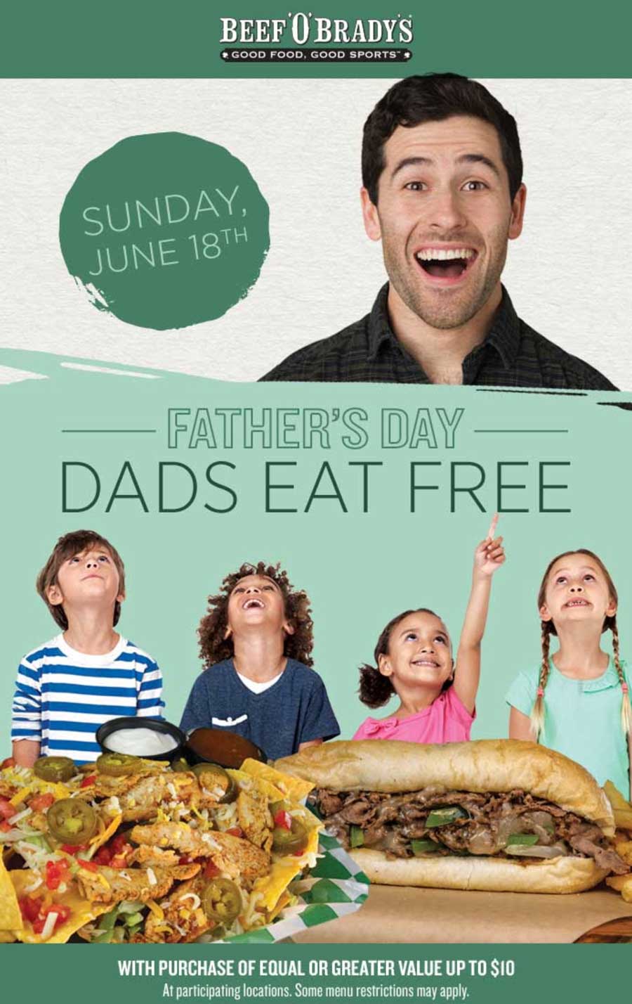 Beef OBradys Coupon April 2024 Dad eats free with your meal Sunday at Beef OBradys