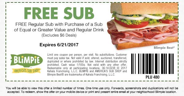 Blimpie Coupon April 2024 Second sub sandwich free at Blimpie