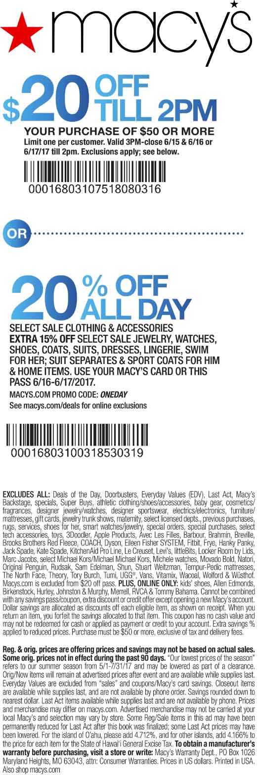 Macys Coupons - 20% off at Macys, or online via promo code ONEDAY