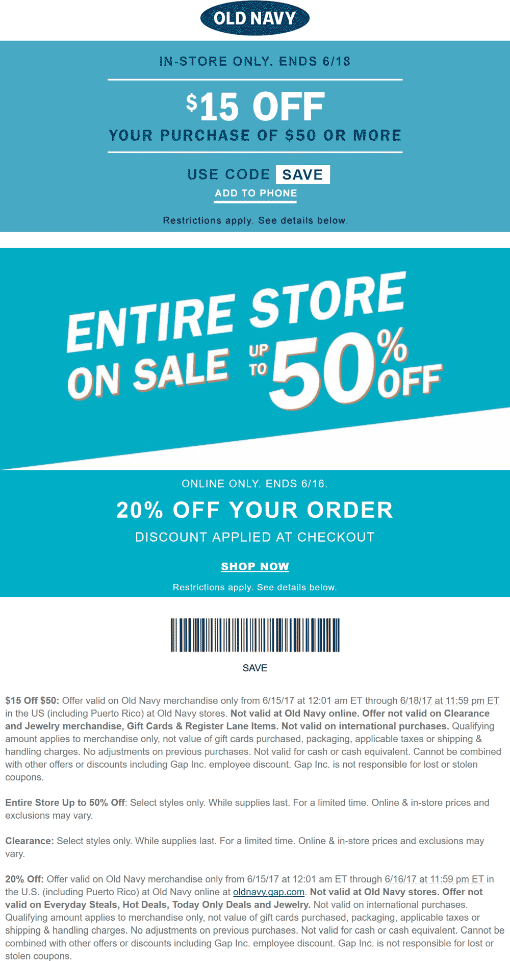 Old Navy Coupon April 2024 $15 off $50 at Old Navy, or 20% online via promo code SAVE