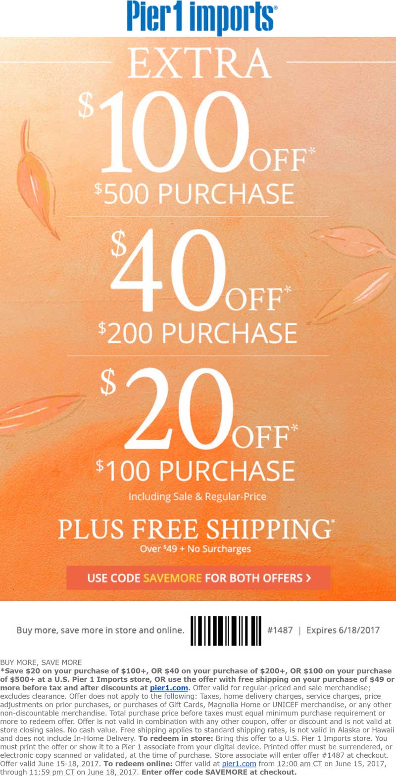 Pier 1 Coupon April 2024 $20 off $100 & more at Pier 1 Imports, or online via promo code SAVEMORE