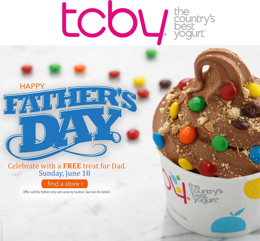 TCBY Coupon April 2024 Free frozen yogurt for Dad Sunday at TCBY