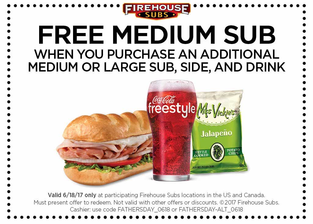 Firehouse Subs Coupon April 2024 Second sub sandwich free Sunday at Firehouse Subs