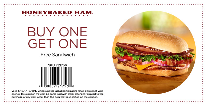 HoneyBaked Coupon April 2024 Second sandwich free at HoneyBaked Ham restaurants