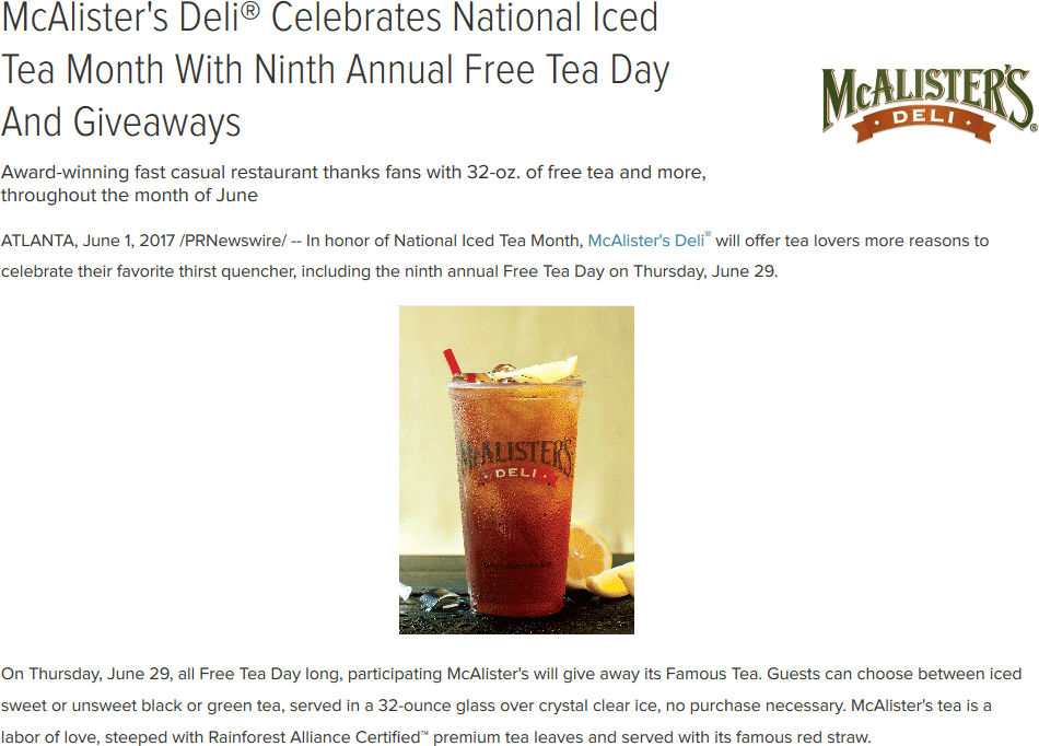 McAlisters Deli Coupon April 2024 Free iced tea the 29th at McAlisters Deli restaurants