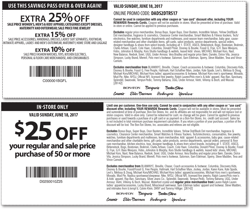 Carsons Coupon April 2024 Extra 25% off today at Carsons, Bon Ton & sister stores, or online via promo code DADS2DTRS17