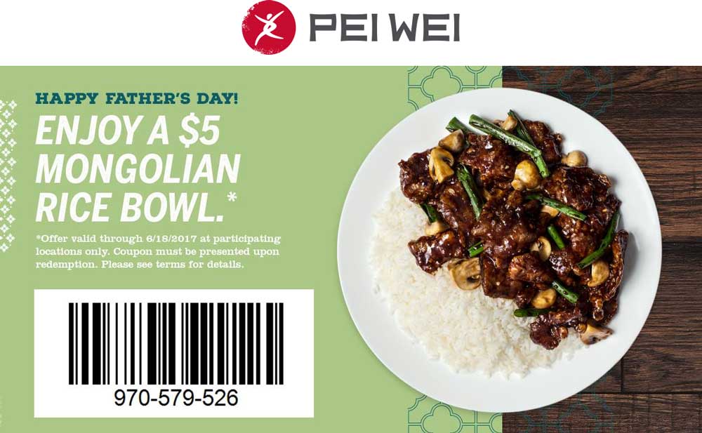 Pei Wei Coupon April 2024 $5 Mongolian rice bowl today at Pei Wei restaurants