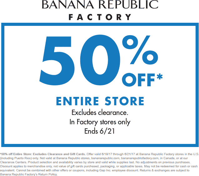 Banana Republic Factory Coupon April 2024 Everything is 50% off at Banana Republic Factory