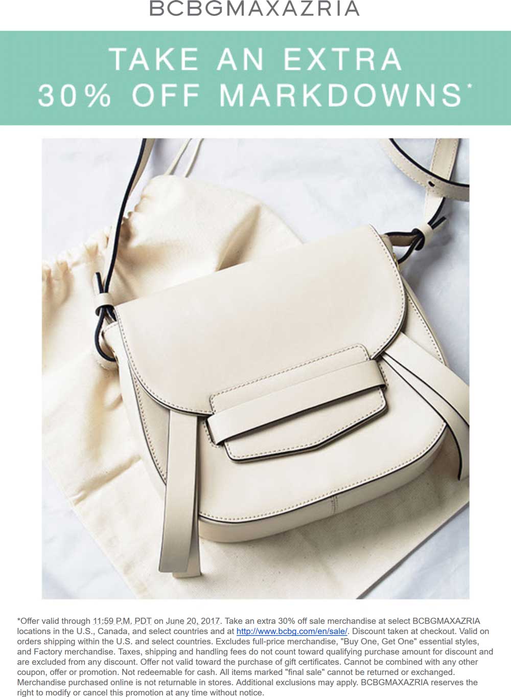 BCBGMAXAZRIA Coupon March 2024 Extra 30% off sale items at BCBGMAXAZRIA, ditto online