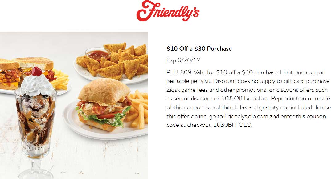 Friendlys Coupon April 2024 $10 off $30 at Friendlys restaurants