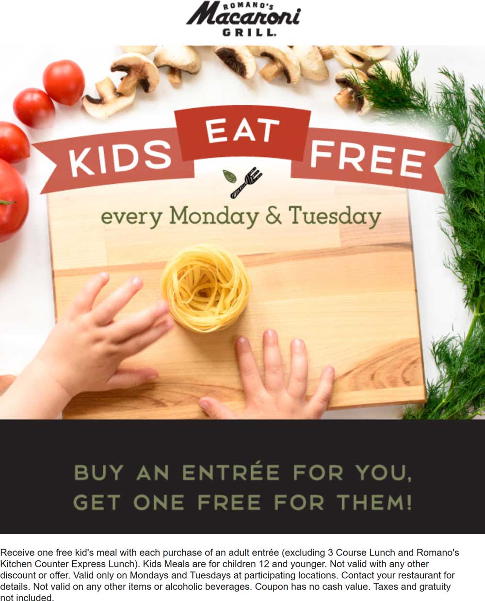 Macaroni Grill Coupon April 2024 Kids eat free with your entree at Macaroni Grill