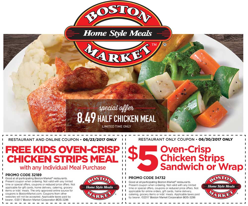 Boston Market Coupon April 2024 $8.50 half chicken meal, free kids meal & more at Boston Market