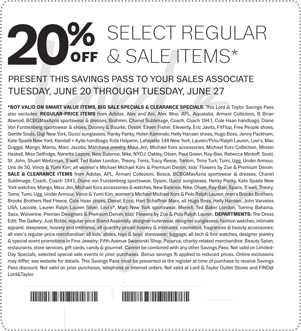 Lord & Taylor Coupon May 2024 20% off at Lord & Taylor, or online via promo code JUNE