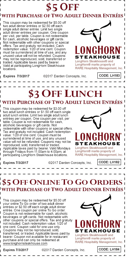 Longhorn Steakhouse Coupon April 2024 $3-$5 off a couple entrees at LongHorn Steakhouse restaurants