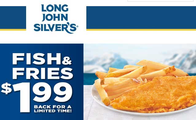 Long John Silvers Coupon March 2024 $1.99 fish & fries at Long John Silvers restaurants