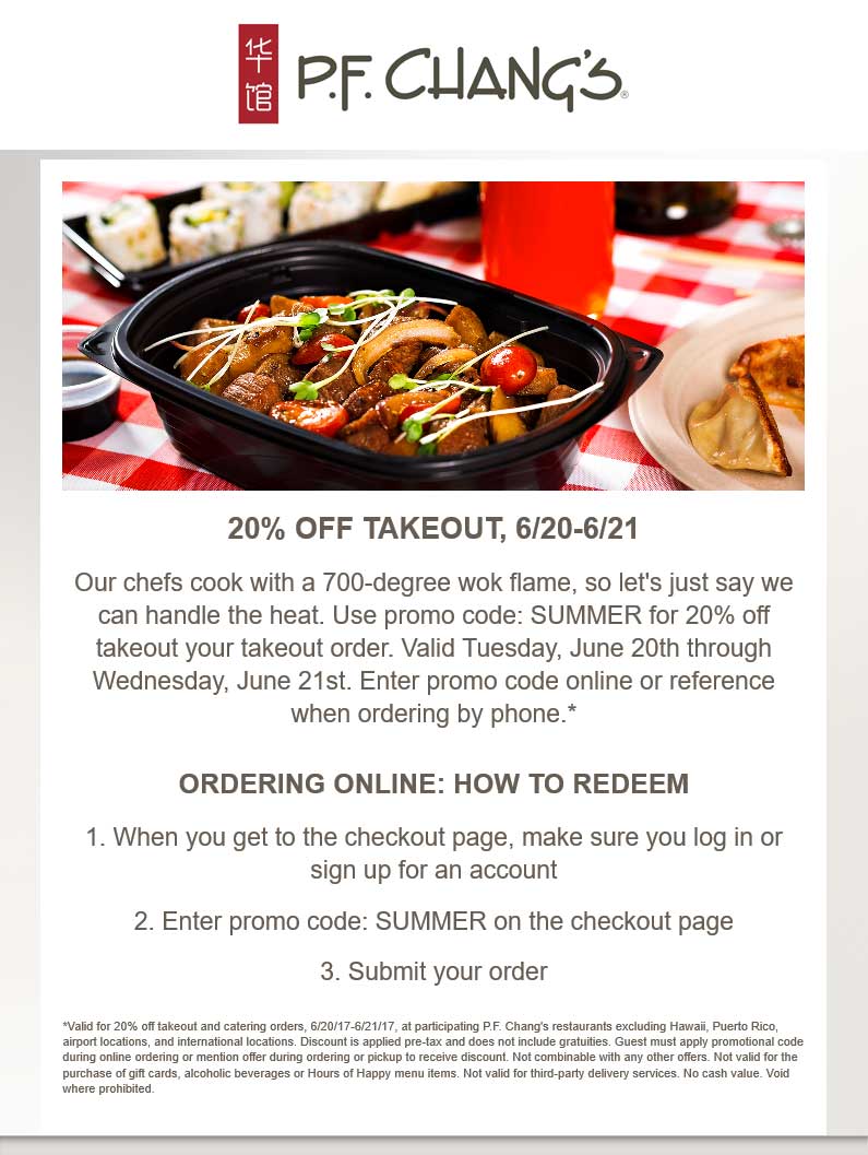 P.F. Changs Coupon April 2024 20% off takeout today at P.F. Changs restaurants via promo code SUMMER