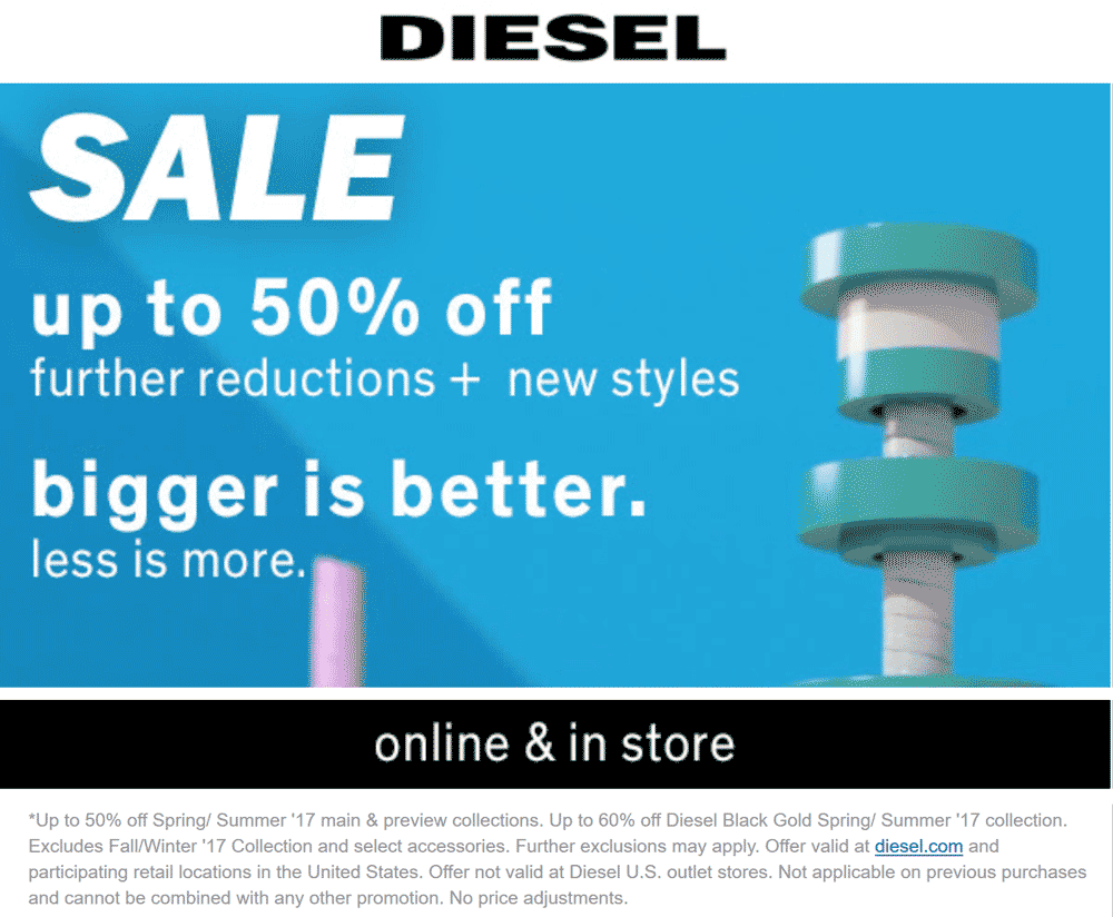 Diesel Coupon March 2024 Summer collection is 50-60% off at Diesel, ditto online