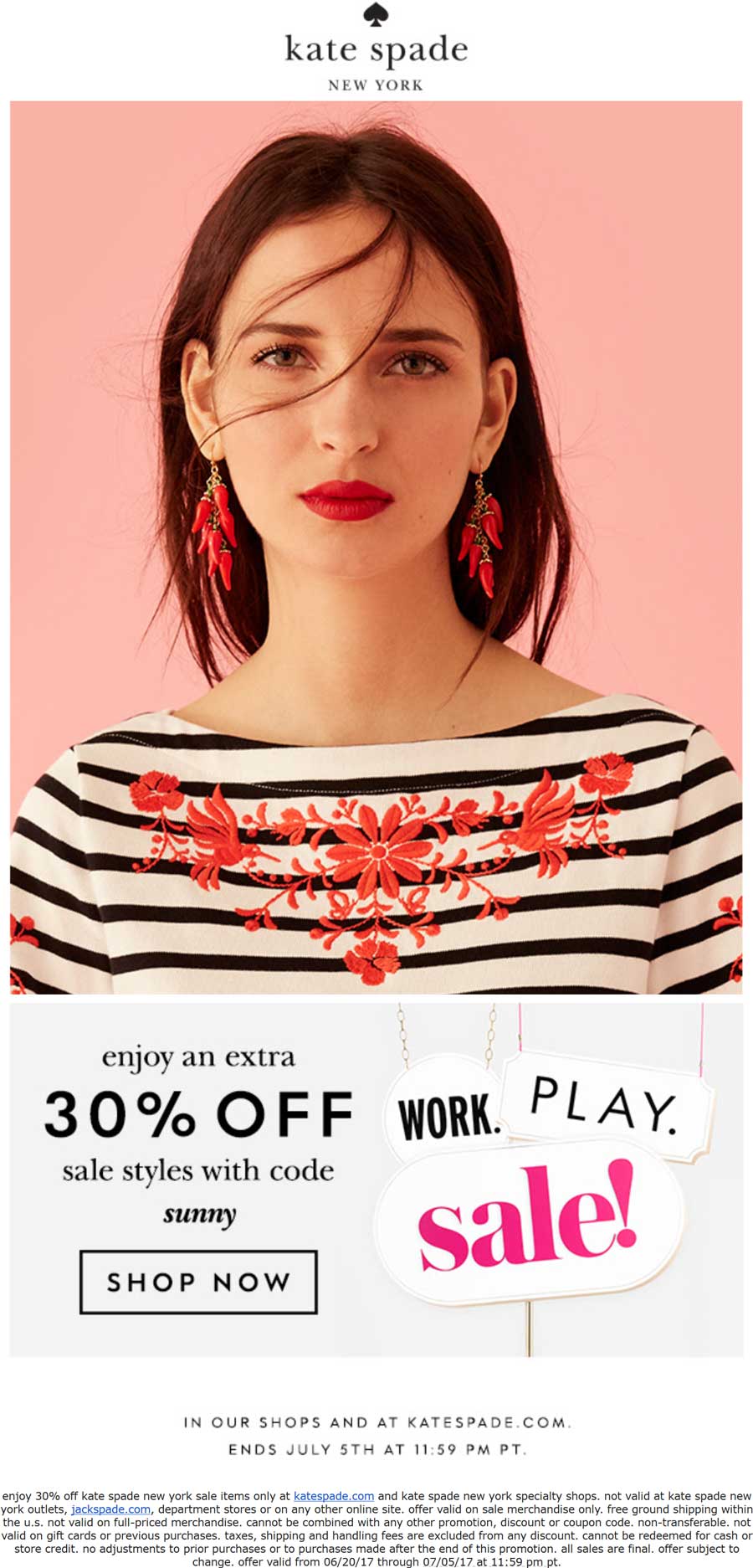 Kate Spade Coupon April 2024 Extra 30% off sale items at Kate Spade, or online via promo code SUNNY