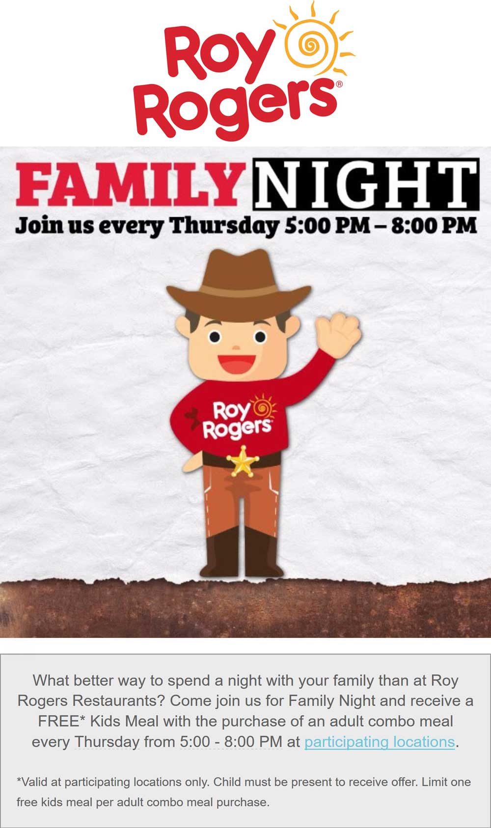 Roy Rogers Coupon April 2024 Free kids meal with yours tonight at Roy Rogers restaurants