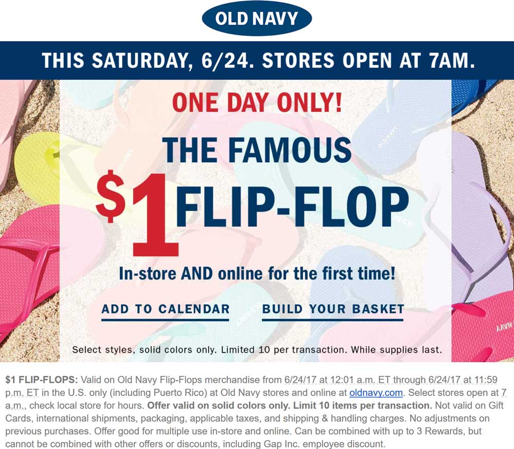 Old Navy Coupon April 2024 $1 flip-flops Saturday at Old Navy, ditto online