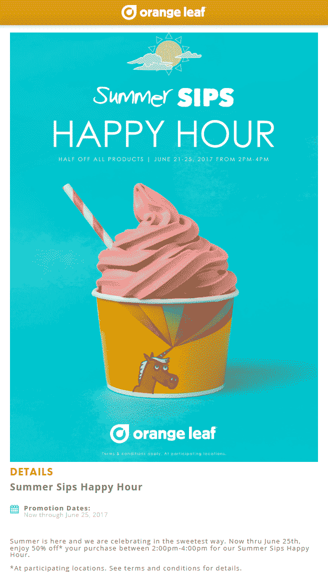 Orange Leaf Coupon April 2024 50% off everything 2-4p at Orange Leaf frozen yogurt