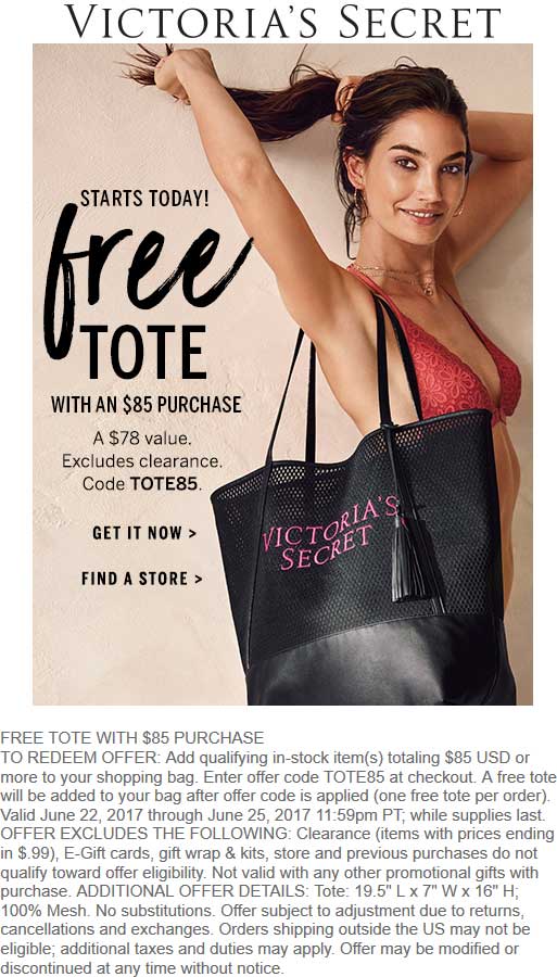 Victorias Secret Coupon April 2024 $78 tote free with $85 spent online at Victorias Secret via promo code TOTE85