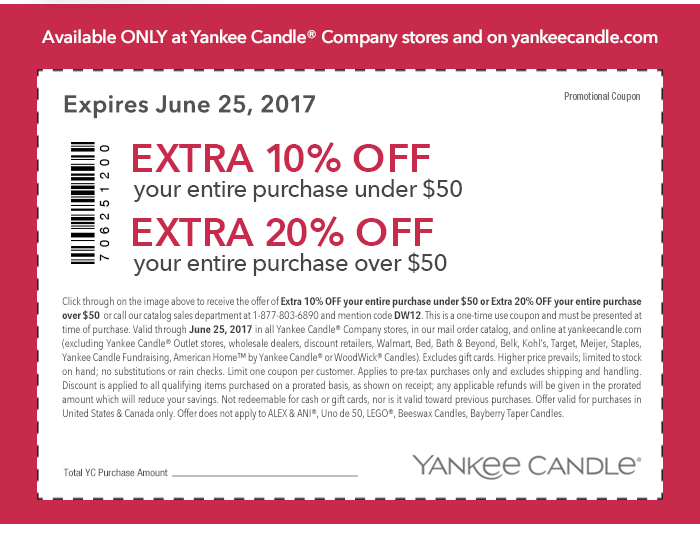 Yankee Candle Coupon April 2024 10-20% off at Yankee Candle, or online via promo code DW12