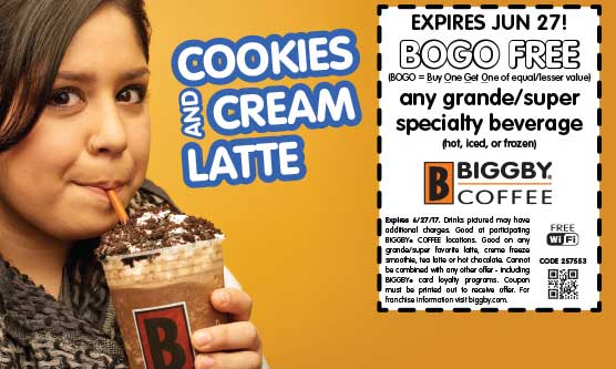 Biggby Coffee Coupon March 2024 Second drink free at Biggby Coffee