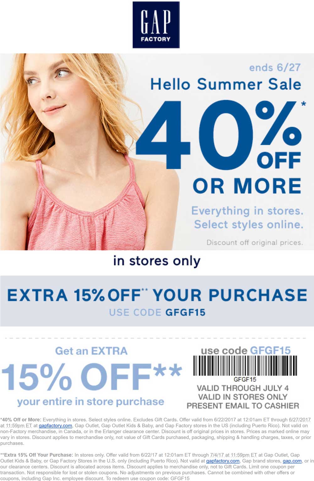 Gap Factory Coupon March 2024 55% off everything at Gap Factory, or 40% online via promo code GFGF15