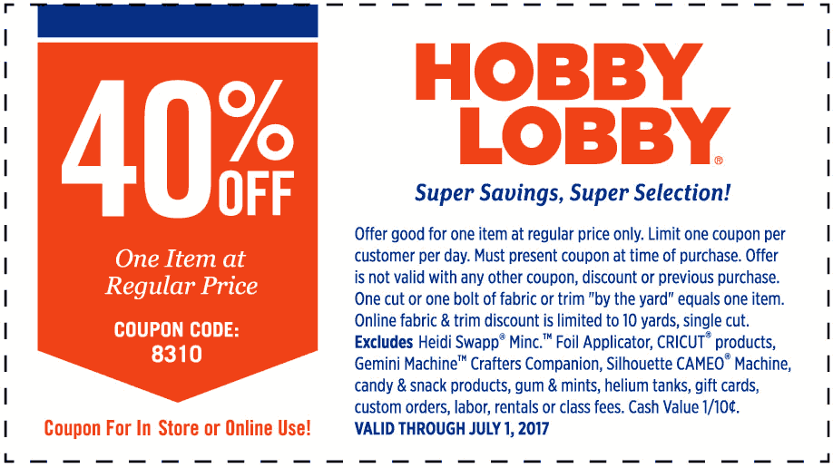 Hobby Lobby Coupon April 2024 40% off a single item at Hobby Lobby, or online via promo code 8310