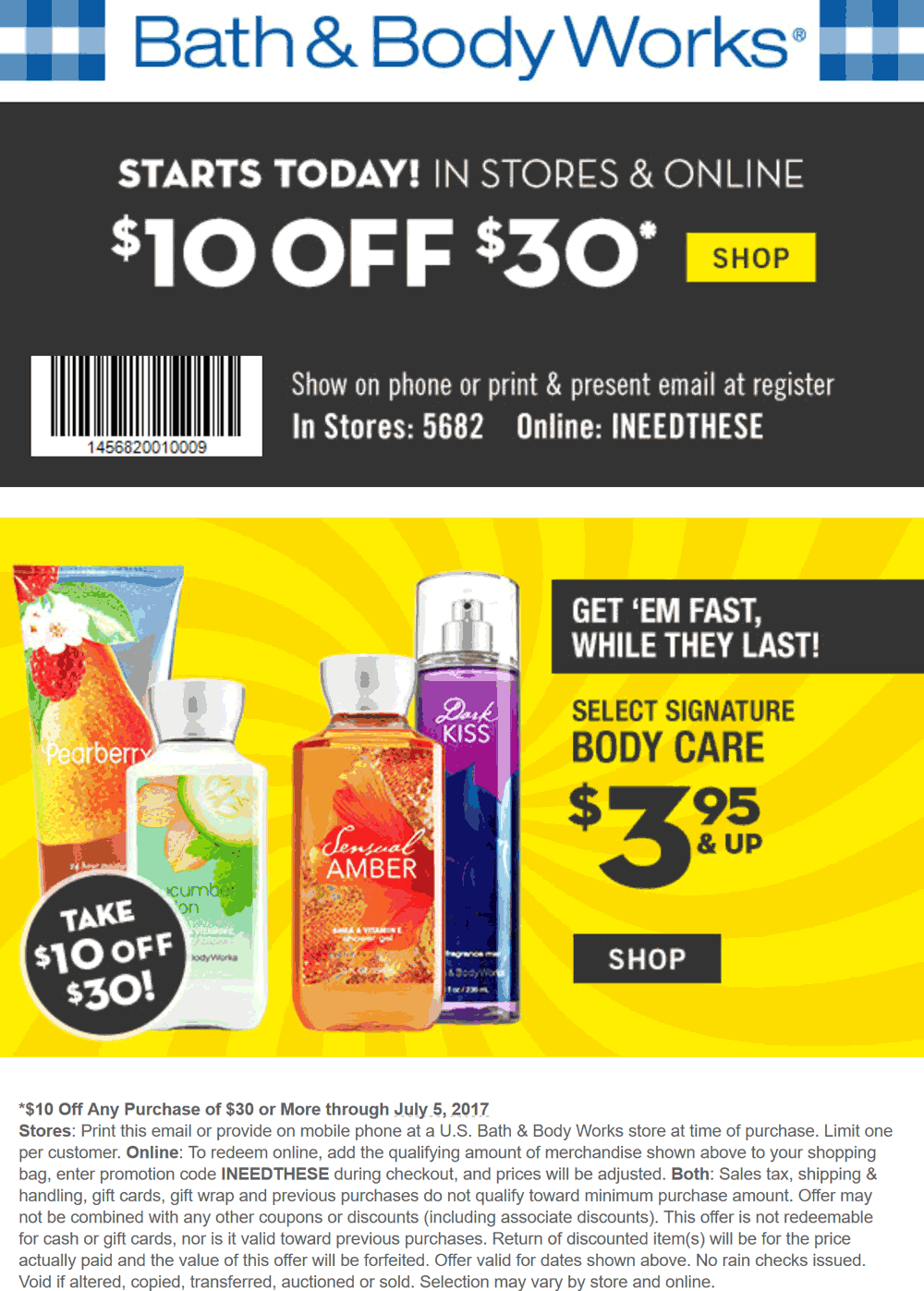 Bath & Body Works Coupon April 2024 $10 off $30 at Bath & Body Works, or online via promo code INEEDTHESE