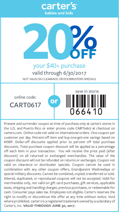 Carters Coupon April 2024 20% off $40 at Carters, or online via promo code CART0617