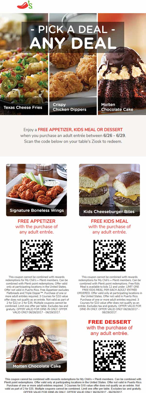 Chilis Coupon March 2024 Free appetizer, kids meal or dessert with your entree at Chilis