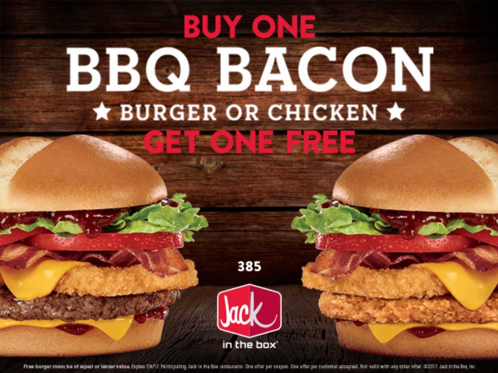 Jack in the Box Coupon April 2024 Second BBQ bacon burger or chicken free at Jack in the Box restaurants