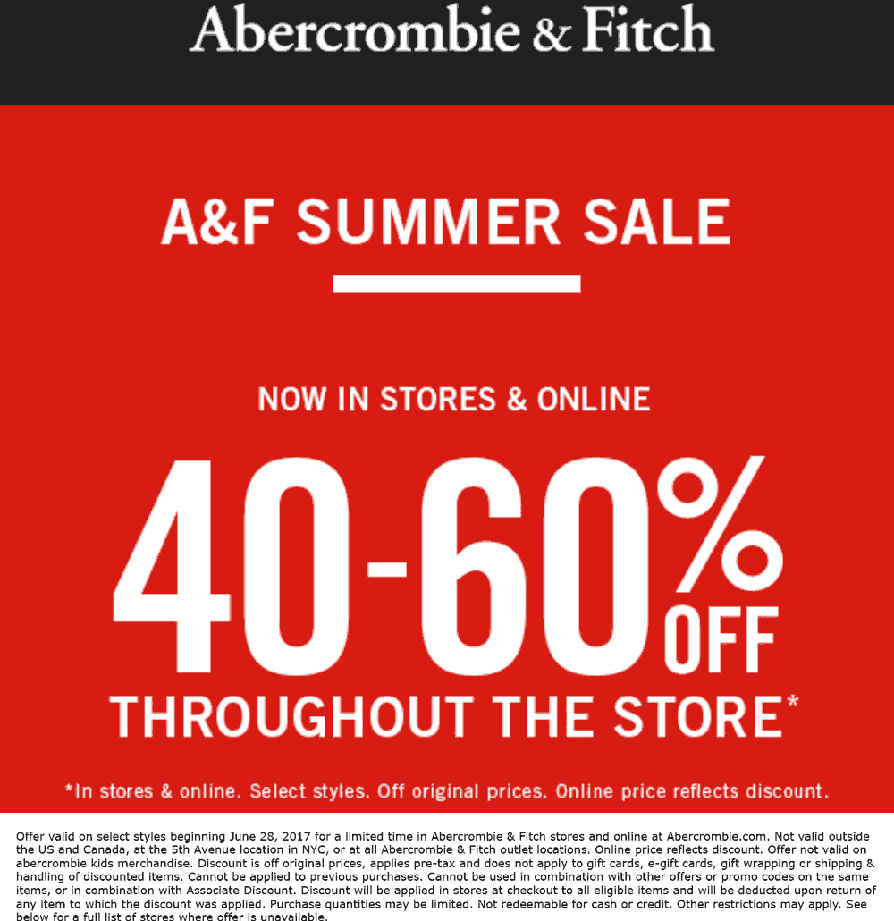 Abercrombie & Fitch Coupon April 2024 40-60% off at Abercrombie & Fitch, ditto online