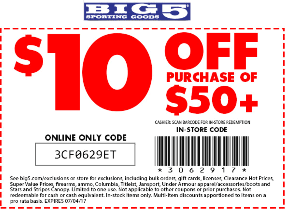 Big 5 Coupon April 2024 $10 off $50 at Big 5 sporting goods, or online via promo code 3CF0629ET