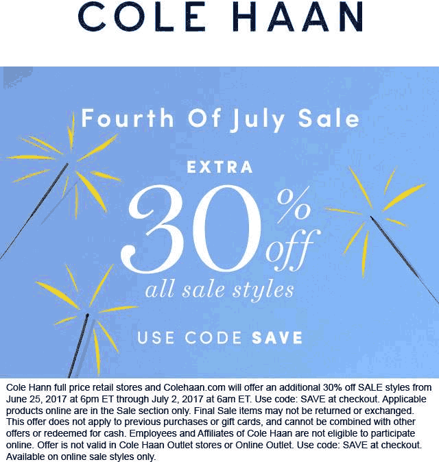 Cole Haan Coupon April 2024 Extra 30% off sale items at Cole Haan, or online via promo code SAVE