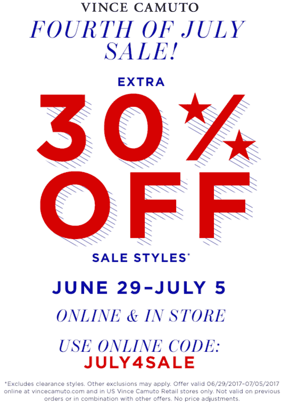 Vince Camuto Coupon April 2024 Extra 30% off sale items at Vince Camuto, or online via promo code JULY4SALE