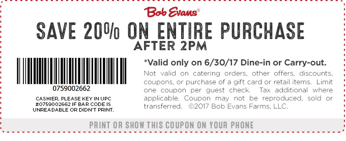 Bob Evans Coupon April 2024 20% off after 2p today at Bob Evans restaurants