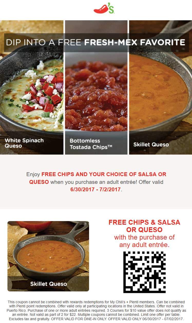 Chilis Coupon April 2024 Free chips & queso with your entree at Chilis