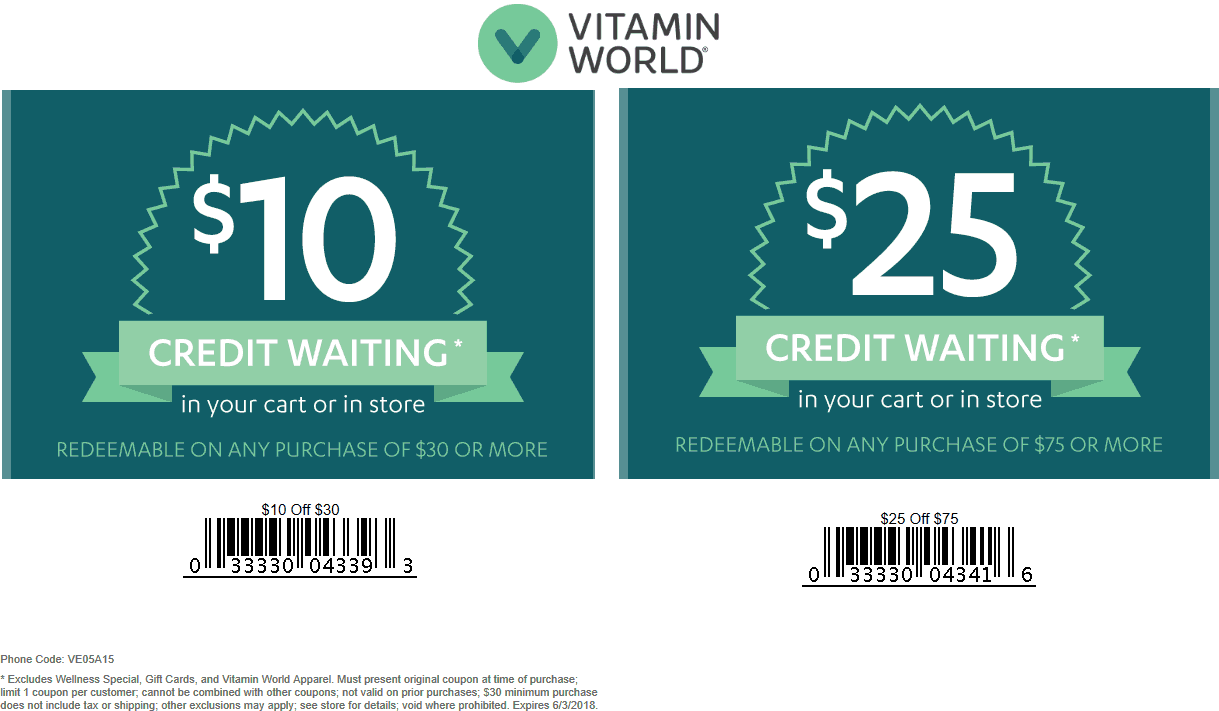Vitamin World Coupon April 2024 $10 off $30 & more at Vitamin World, or online via promo code VE05A15