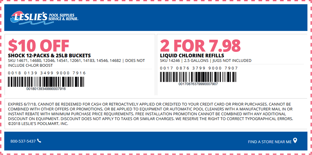 Leslies Pool Supplies Coupon March 2024 5 gallons chlorine for $8 at Leslies Pool Supplies
