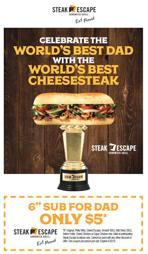 Steak Escape Coupon April 2024 $5 sub sandwich at Steak Escape