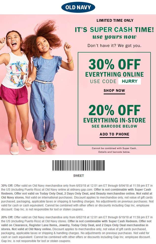 Old Navy Coupon April 2024 20% off today at Old Navy, or 30% online via promo code HURRY