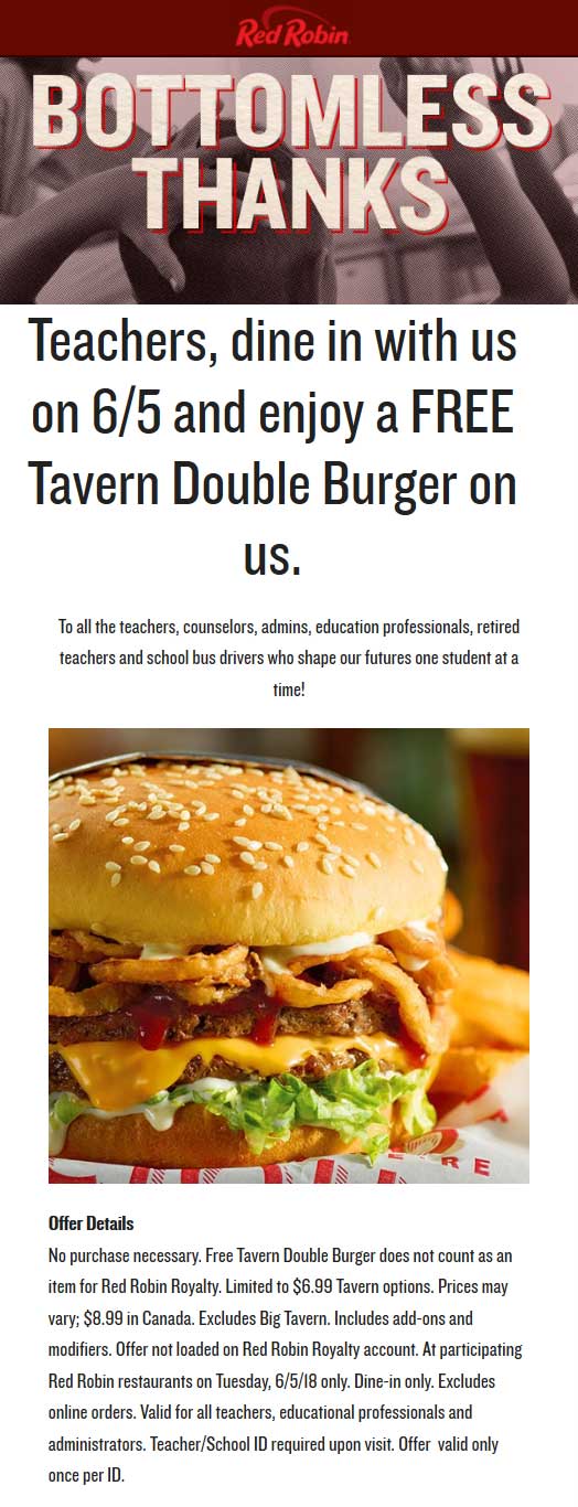 Red Robin Coupon March 2024 Teachers enjoy a free double burger Tuesday at Red Robin restaurants