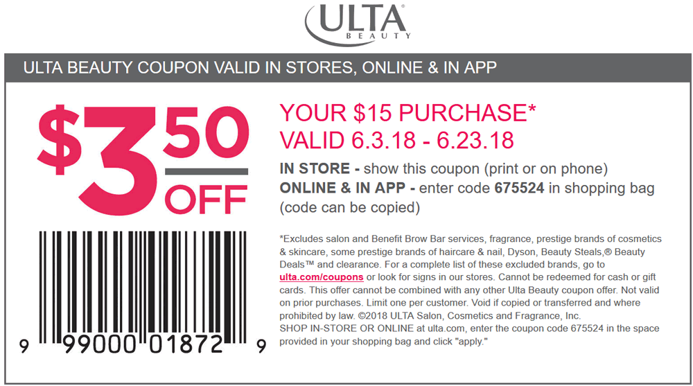 Ulta Beauty Coupon April 2024 $3.50 off $15 at Ulta Beauty, or online via promo code 675524