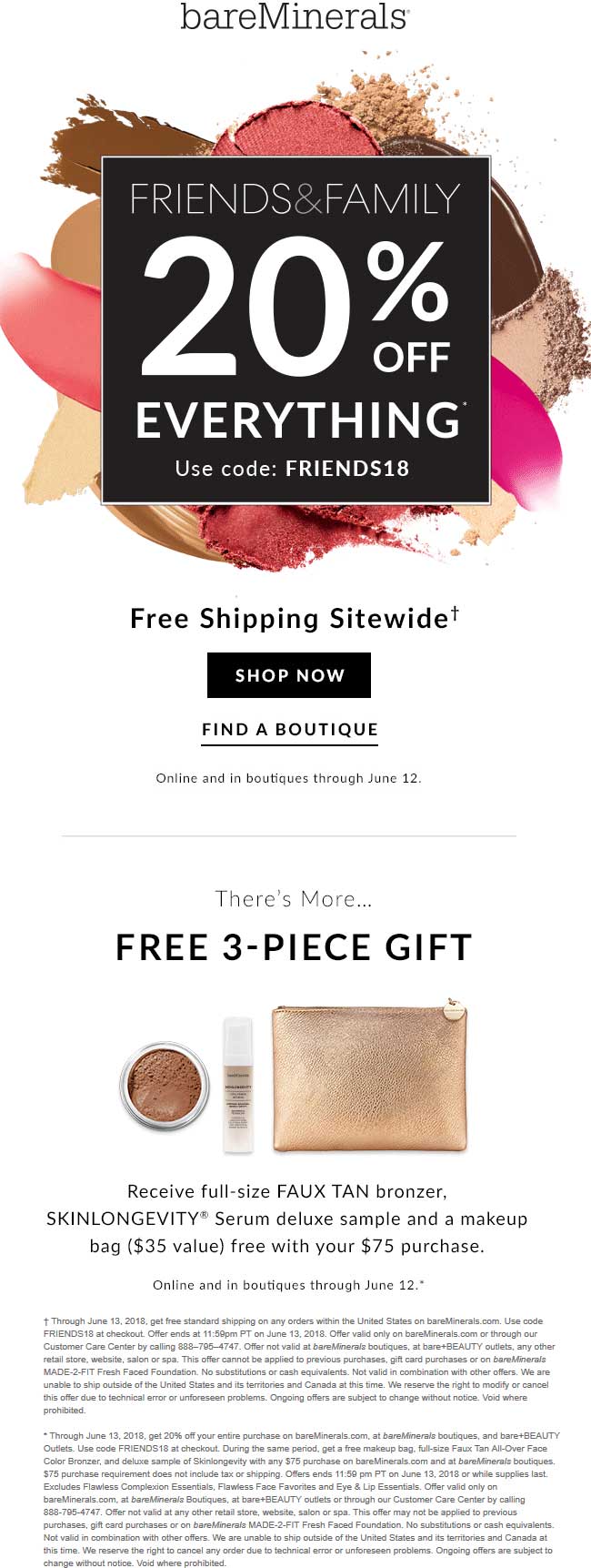 bareMinerals Coupon April 2024 20% off everything at bareMinerals, or online via promo code FRIENDS18